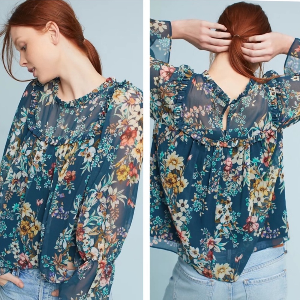 Anthropologie • Erin + Ali Velma Floral Ruffle Long Sleeve Blouse